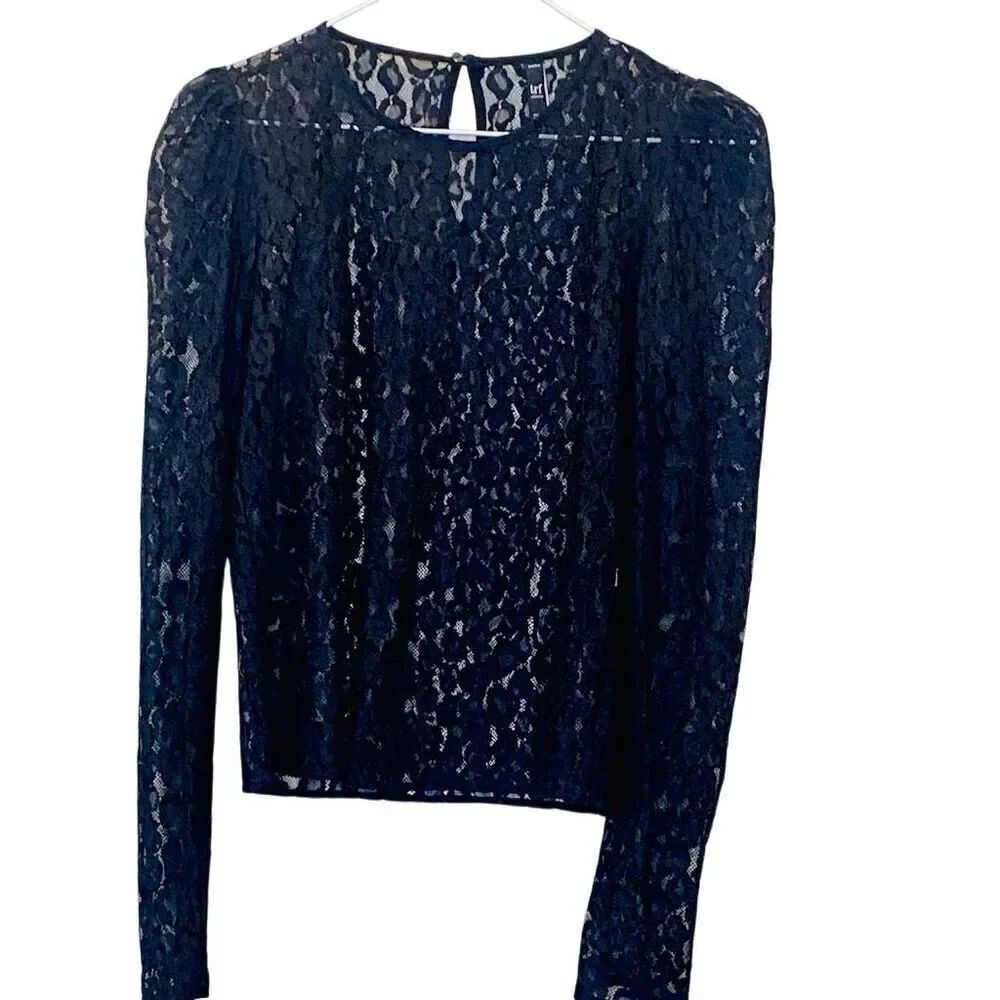 Zara TRF Collection Floral Sheer Lace Long Sleeve Crop Blouse Black Small